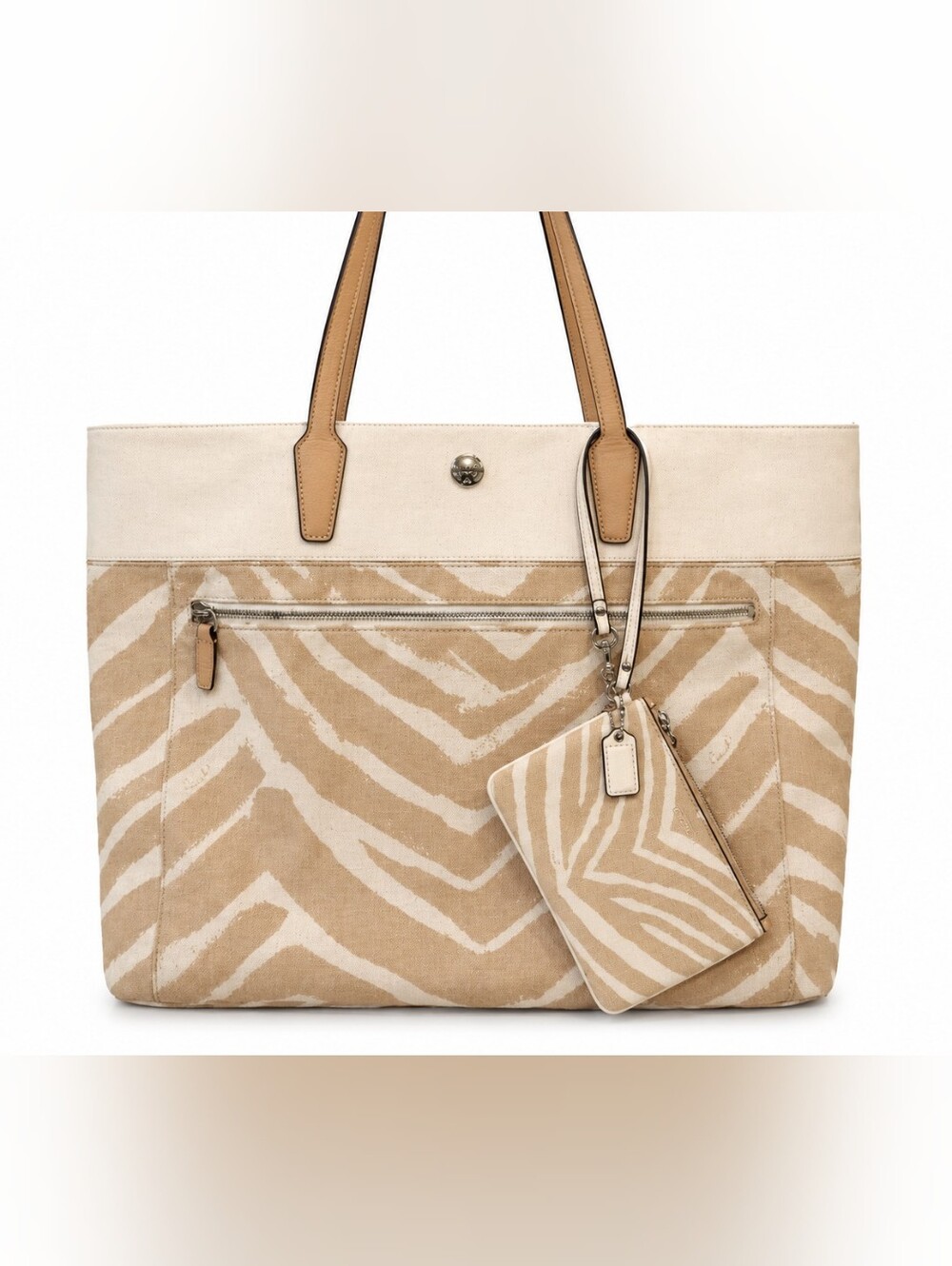 Coach Beige Zebra Print Large Resort Tote w/ Matching Wrislet EUC